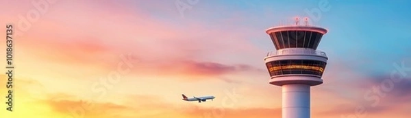 Fototapeta A stunning sunset view featuring an airplane approaching an airport control tower, symbolizing travel and aviation.