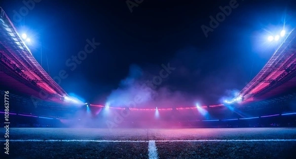 Fototapeta The empty stadium awaits its moment of glory under the vibrant lights.