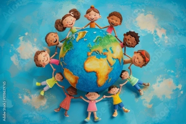 Fototapeta an animated family of different races holding hands around the globe