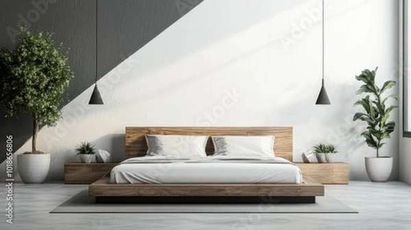 Fototapeta Modern Minimalist Bedroom with Natural Elements
