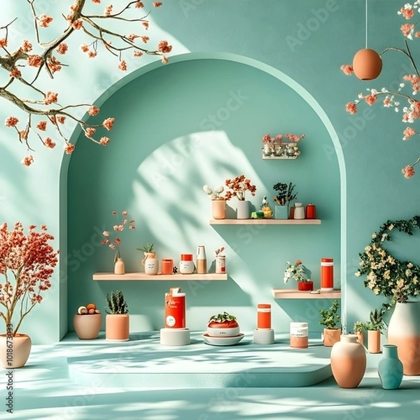 Fototapeta Minimalist 3D studio environment showcasing a striking turquoise color scheme a clean floor and wall composition and a centralized product display platform