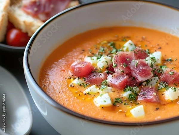 Obraz Close-up spanish typical food salmorejo tomato soup with jamon and eggs