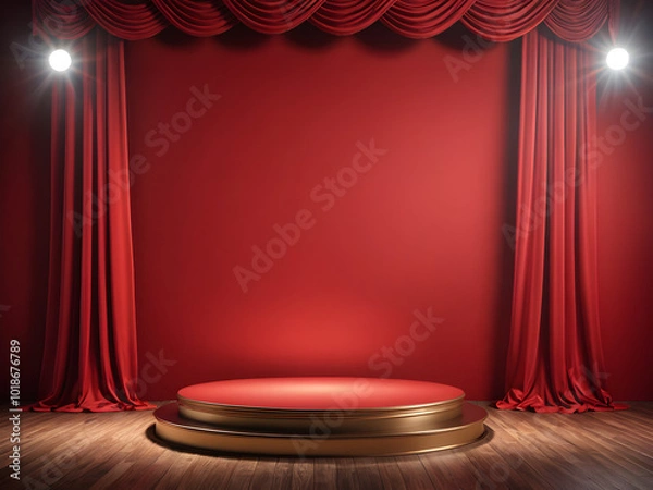 Fototapeta 3D podium background with red curtain. Studio display showroom product pedestal, Beautiful product showcase stage mockup. Generative AI.