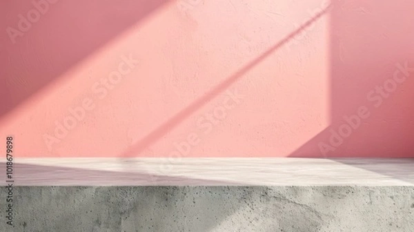 Fototapeta Gray tabletop on pink wall background for product presentation. Empty concrete countertop with window shadow overlay. Clean mockup for beauty advertisement design.