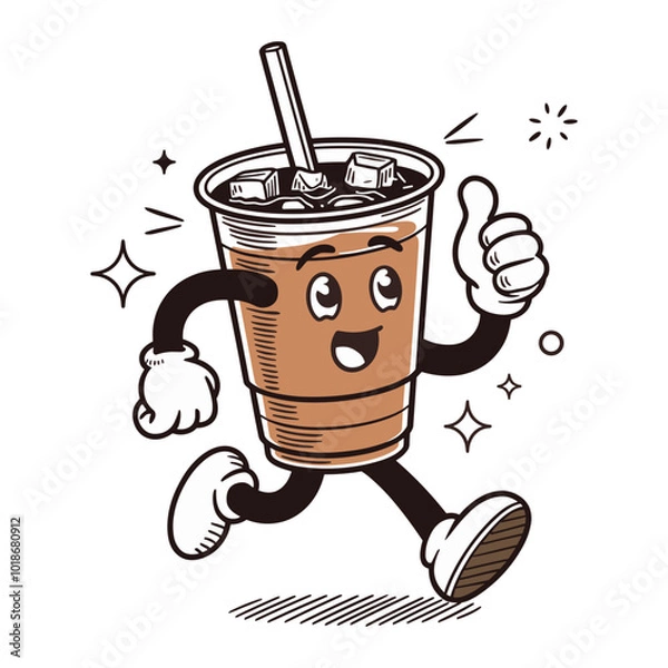 Fototapeta Vector cartoon cup of coffee in retro style, quirky character