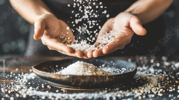 Obraz Hands Pouring Salt Over Plate in Kitchen Setting