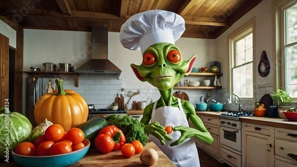 Fototapeta  A colorful cartoon alien with oversized eyes and a chef hat, juggling giant vegetables while cooking in a whimsical kitchen