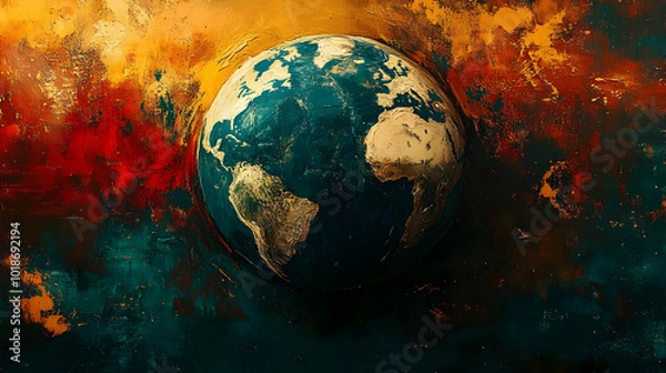 Obraz Abstract Earth Globe Painting with Gold Accents and Red and Teal Background