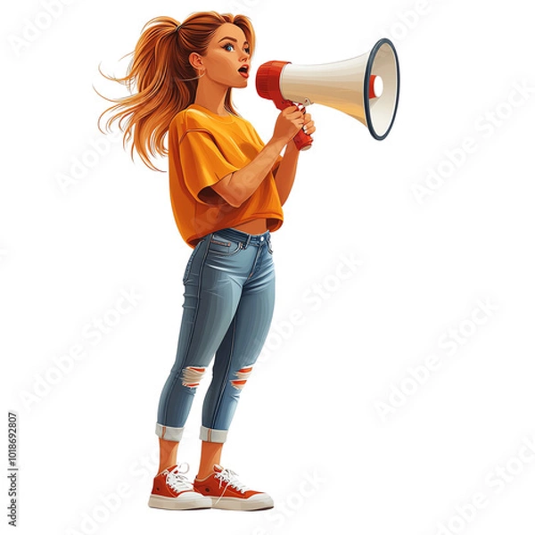Fototapeta A young woman with a megaphone passionately expressing her ideas and calling for attention in a vibrant setting.