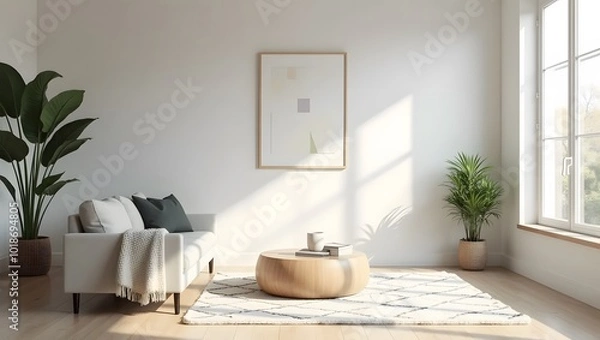 Obraz Minimalist Living Room with Natural Light and Scandinavian-Inspired Décor