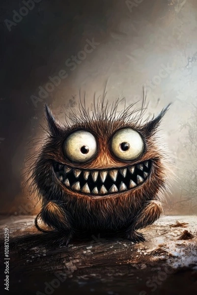 Fototapeta  A near view of a cartoon character expressing a chillingly creepy countenance and a toothy smirk