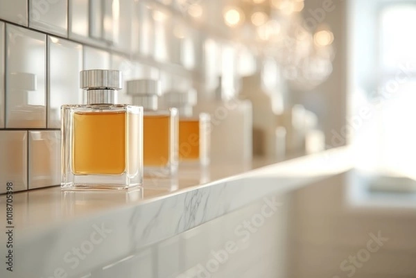 Fototapeta Luxurious Perfume Bottles Displayed on Marble Shelf with Elegant Chandelier in Modern Bathroom Setting