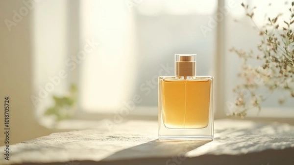 Fototapeta Elegant Perfume Bottle on Stone Surface With Sunlight Through the Window
