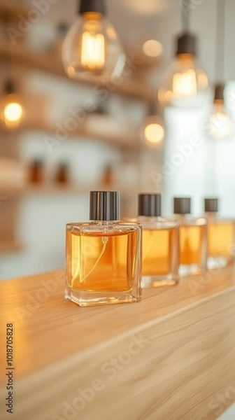 Fototapeta Elegant Perfume Bottles Displayed on Wooden Vanity with Pendant Lights in Chic Interior