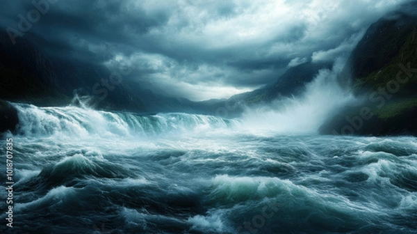 Fototapeta dynamic waterfall plunging into turbulent river, surrounded by dramatic mountains and dark stormy skies, creates powerful and awe inspiring scene