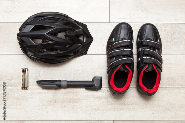 Obraz Overhead view of cycling safety equipment