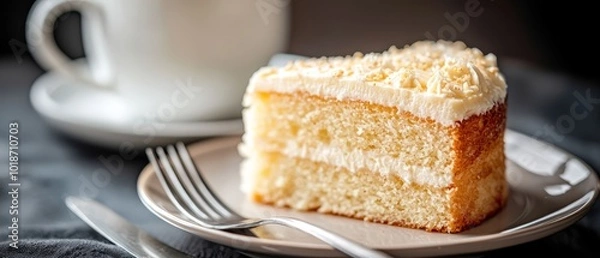 Fototapeta  A tight shot of a cake slice on a plate, accompanied by a fork and a steaming cup of coffee in the distance