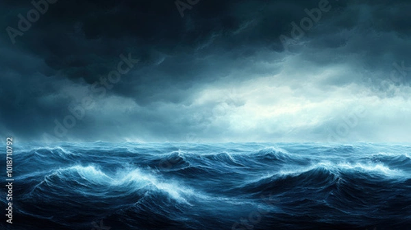 Fototapeta stormy ocean scene with dark churning waves and ominous clouds creates dramatic atmosphere. turbulent waters reflect intensity of natures power and beauty