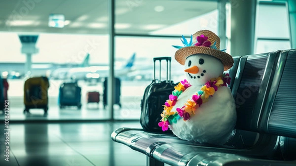 Fototapeta Winter Christmas travel. Snowman ready for vacation wearing lei and hat, sitting at an airport gate surrounded by luggage, capturing a fun contrast of winter and travel. Image made using Generative AI