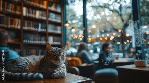 Obraz Cozy café atmosphere with a cat lounging near steaming cups and people enjoying their time on a rainy day