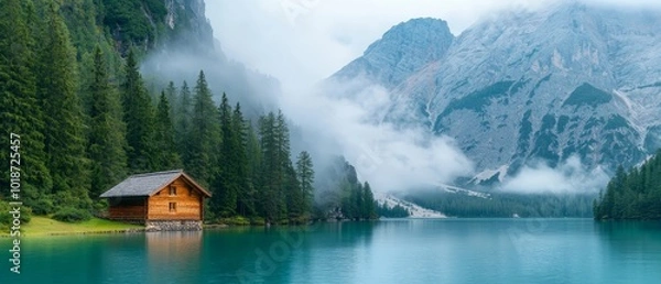 Fototapeta  A cabin rests on the lake shore, enveloped by mountains and pine trees Fog and low-lying clouds surround it