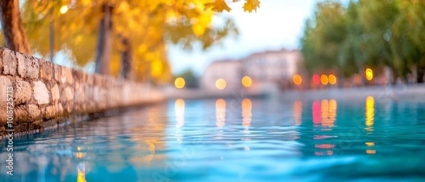 Fototapeta  A body of water adjacent to a stone wall Trees line the wall's side A building lies in the background