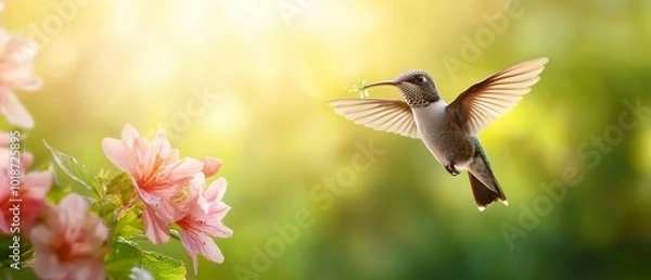 Obraz  A hummingbird hovers above pink flowers on a sunny day Sunlight filters through the foliage, illuminating the leaves and blooms in the foreground