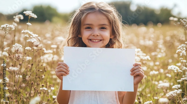 Obraz Young child holding a blank sheet of paper in a sunny wildflower field during a warm afternoon