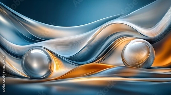 Fototapeta 3D rendering of glossy white and gold spheres and glass spheres with white and gold swirls in an elegant vase against a dark background with reflective lighting and a luxurious finish.