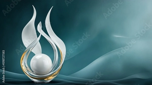 Obraz 3D rendering of glossy white and gold spheres and glass spheres with white and gold swirls in an elegant vase against a dark background with reflective lighting and a luxurious finish.