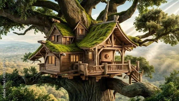Fototapeta a tree house with a green roof that has a green roof.