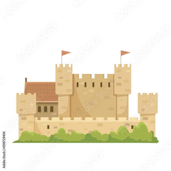 Fototapeta A castle with towers and flags, set against a white background. Vector illustration