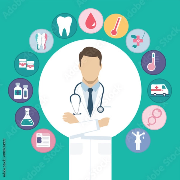 Fototapeta A Circle Of Medical Icons With A White Lab Coat