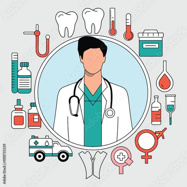 Fototapeta A Circle Of Medical Icons With A White Lab Coat