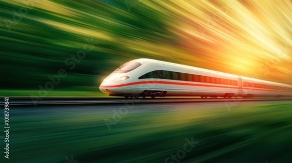 Fototapeta A high speed train hurtling through the countryside, leaving a blur of motion behind.