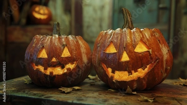 Fototapeta close up of carved halloween pumpkins on table