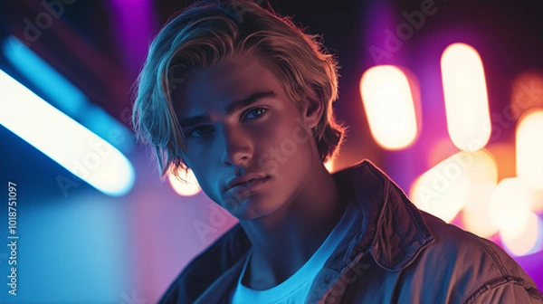 Obraz A young man poses confidently against a vibrant neon backdrop in an urban setting during the evening
