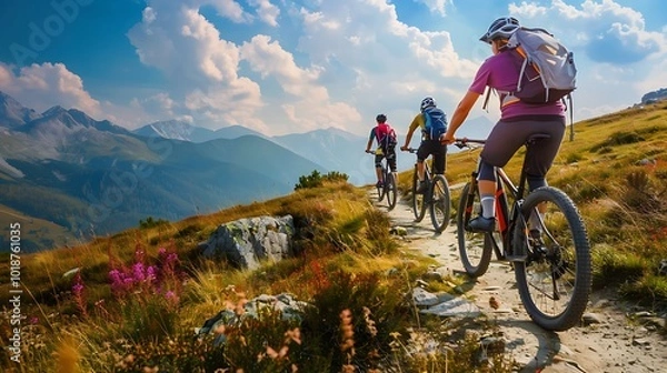 Fototapeta Cyclists on the trail in mountains. Sport and active life concept