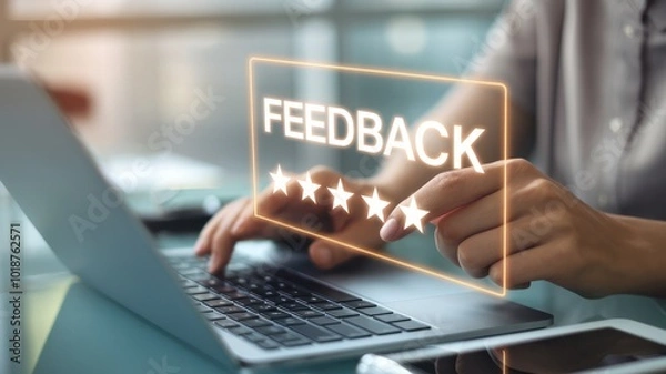 Fototapeta Person's hand interacting with a digital feedback interface on a laptop, showcasing five-star rating and user engagement.