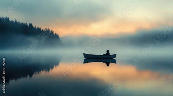 Fototapeta serene lake at dawn with soft reflections and lone figure in boat, surrounded by misty trees, creates tranquil atmosphere