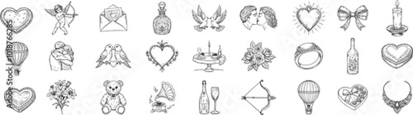 Obraz Valentine's day vector kit. Hand drawn elements for Romantic events. Collection of themes of Love doodle illustration. Engraving style retro set