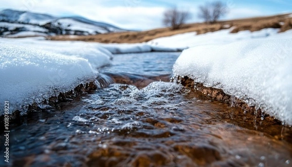 Fototapeta Snow melting into a mountain stream, representing the seasonal transformation of water from solid to liquid, snowmelt water, seasonal water power