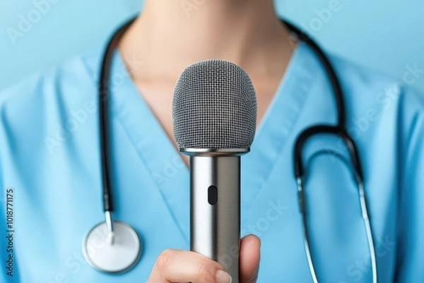 Obraz Healthcare professional holding a microphone in a clinical setting.