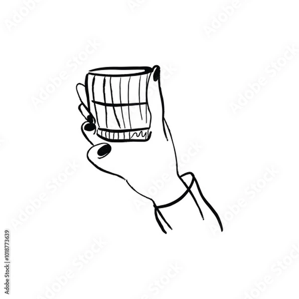 Fototapeta Hand drawn illustration of a hand holding glass. Hand made vector doodle drawing with pencil texture isolated on white background.