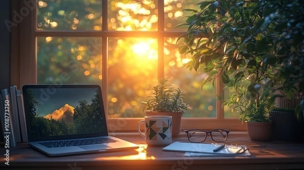 Fototapeta A laptop, coffee mug, notebook, and glasses on a window sill with a view of a sunset.