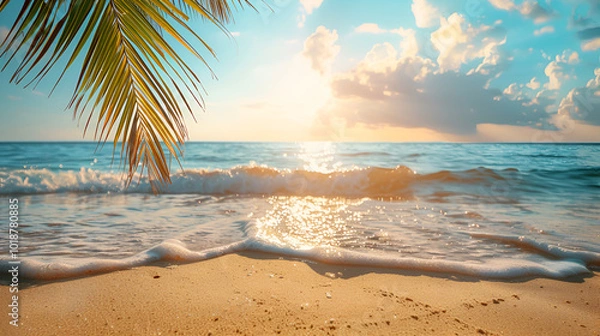 Fototapeta Framed summer background nature of a beautiful, tropical beach lit by sunbeams and palm leaves