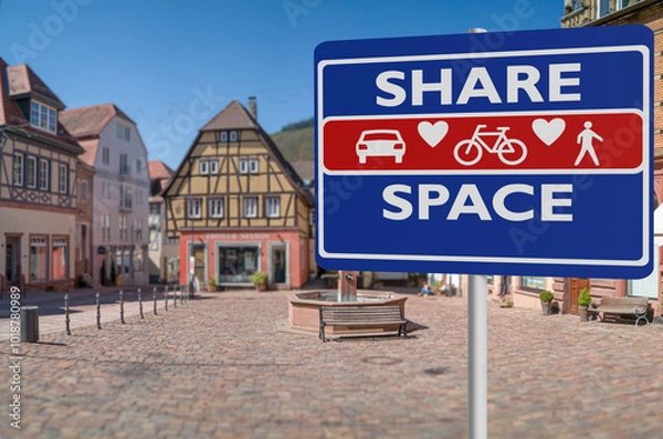 Fototapeta Shared space sign with a blurred small town marketsquare in background to illustrate the urban design approach that minimises the segregation between modes of road users.