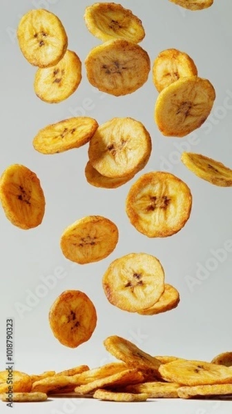 Fototapeta Banana chips, crispy, falling on a plain white background