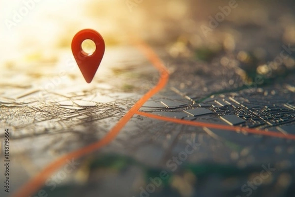 Obraz A detailed view of a map with a pin marking a location, useful for travel or navigation illustrations