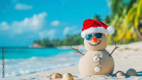 Fototapeta Christmas vacation concept. Sand snowman wearing a Santa hat and sunglasses, enjoying tropical beach with blue ocean. Blending Christmas with a sunny vacation theme. Image made using Generative AI.